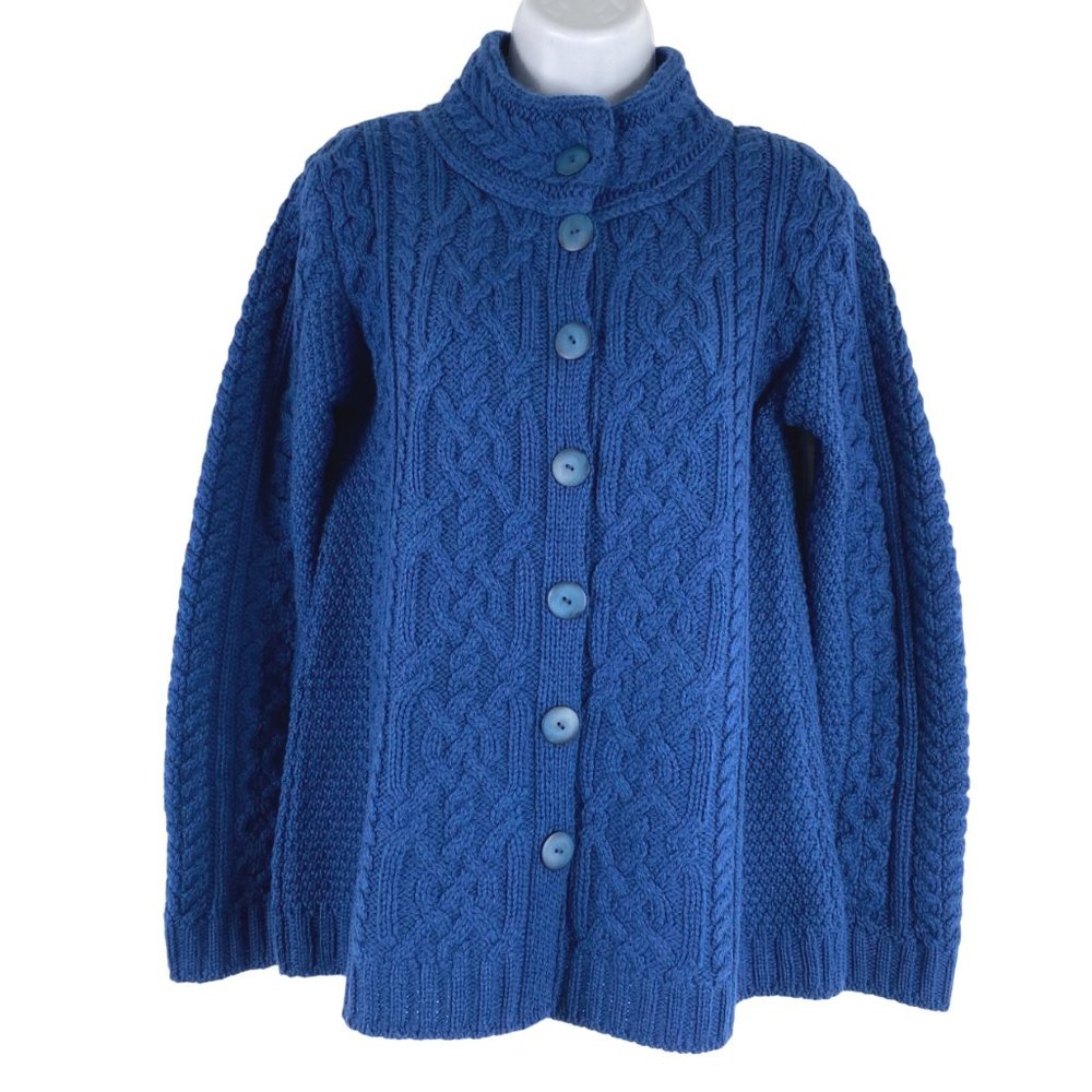 Aran Crafts Fisherman Cardigan Sweater XS Merino Wool Cable Knit Blue CJ-1502